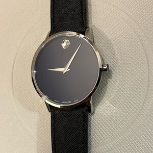 Movado Museum Watch With 40mm NavyBlue Face & Black Textured Leather Band